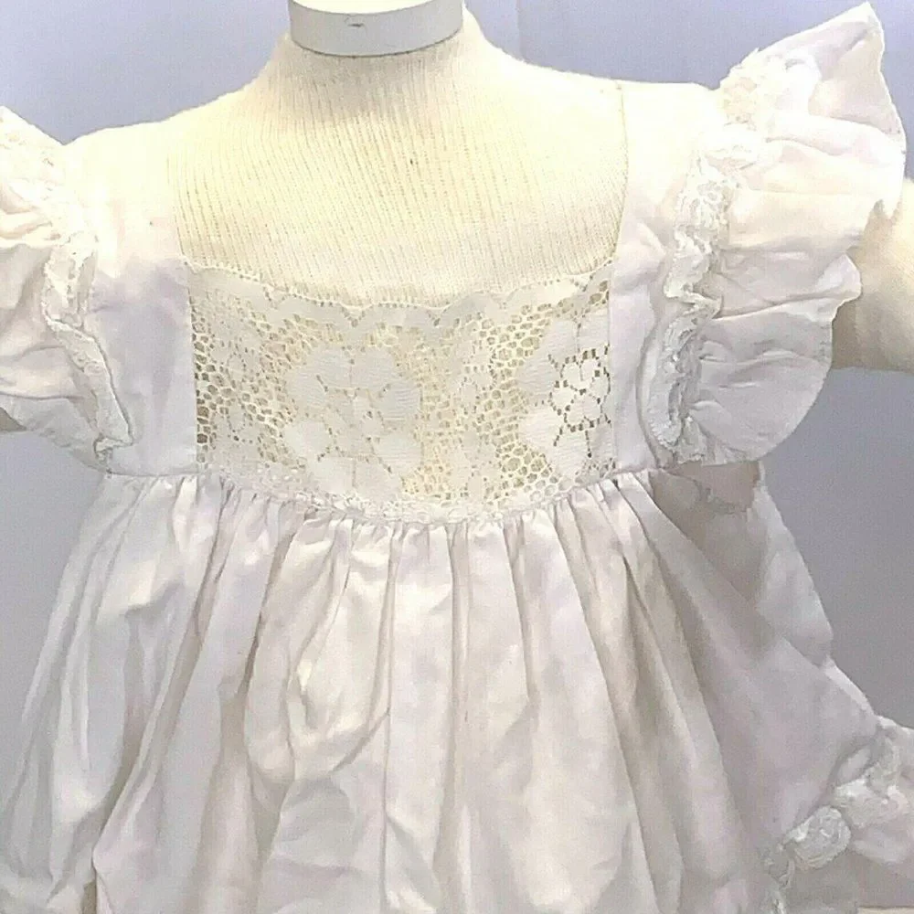 Vintage Infant Pinafore Circle Dress 12m White Floral Crochet Lace Ruffle Button